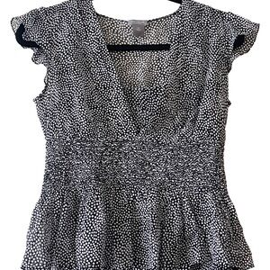 Ann Taylor Petites Polka Dot Chiffon Blouse Ruffle Hem Side Zip Top 4P